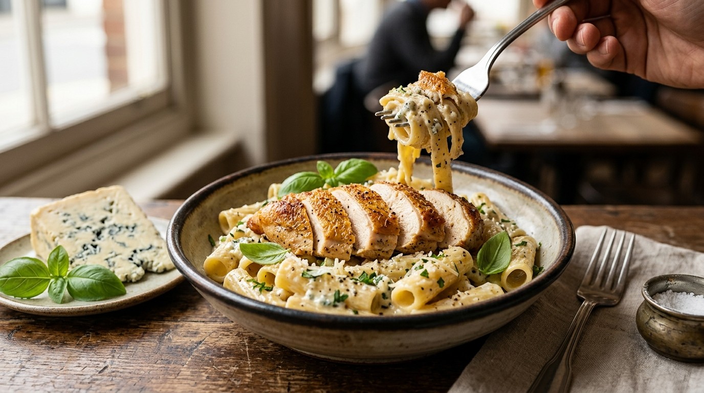 Kip met pasta en Danablue