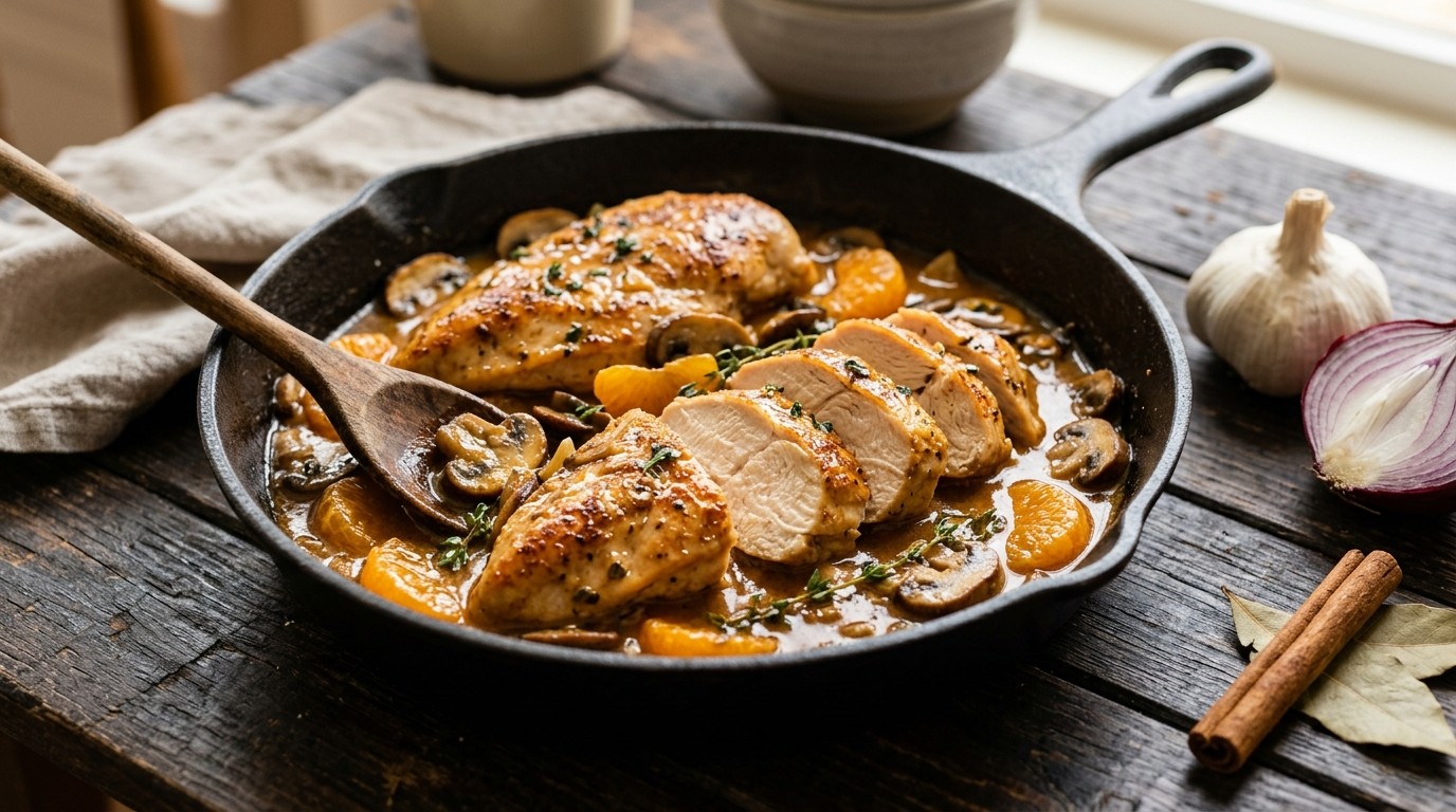 Kip met Sinaasappel-paddestoelsaus