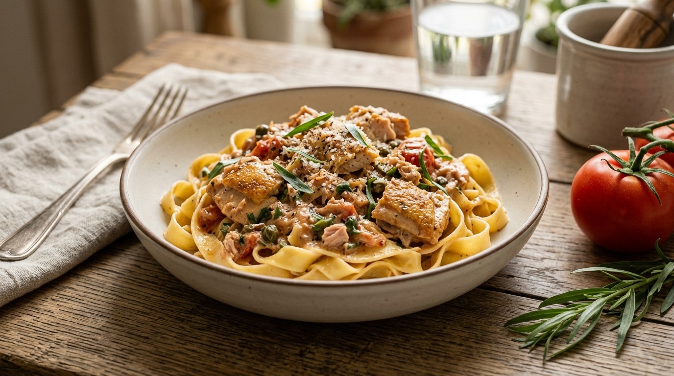 Kip met tonijnsaus en tagliatelle