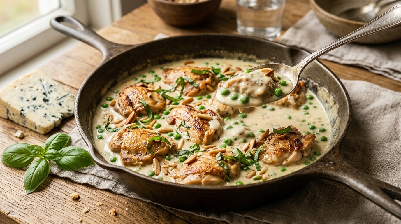 Kipfilet in een gorgonzolaroomsaus met geroosterde amandelen
