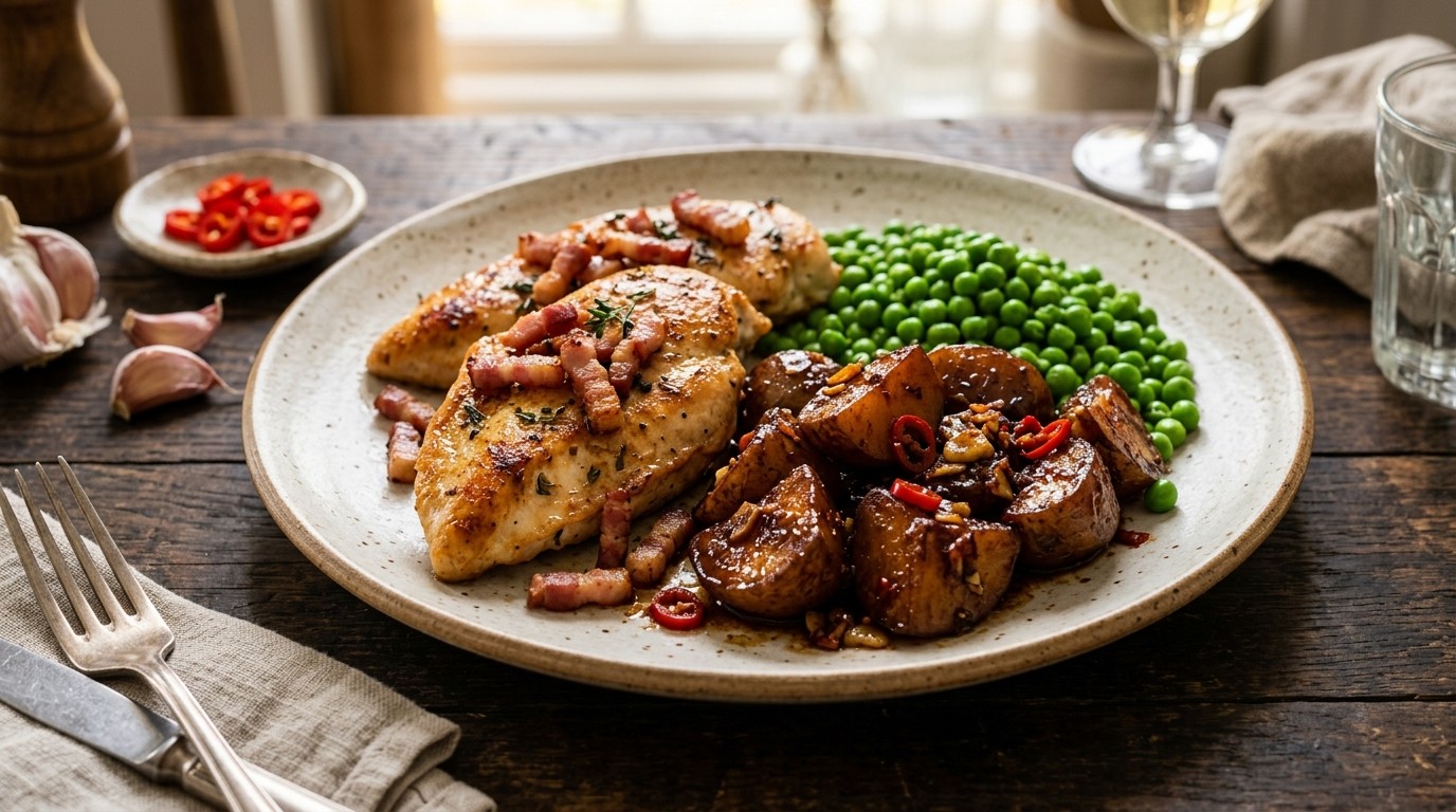 Kipfilet met Ketjap-aardappels en Erwtjes