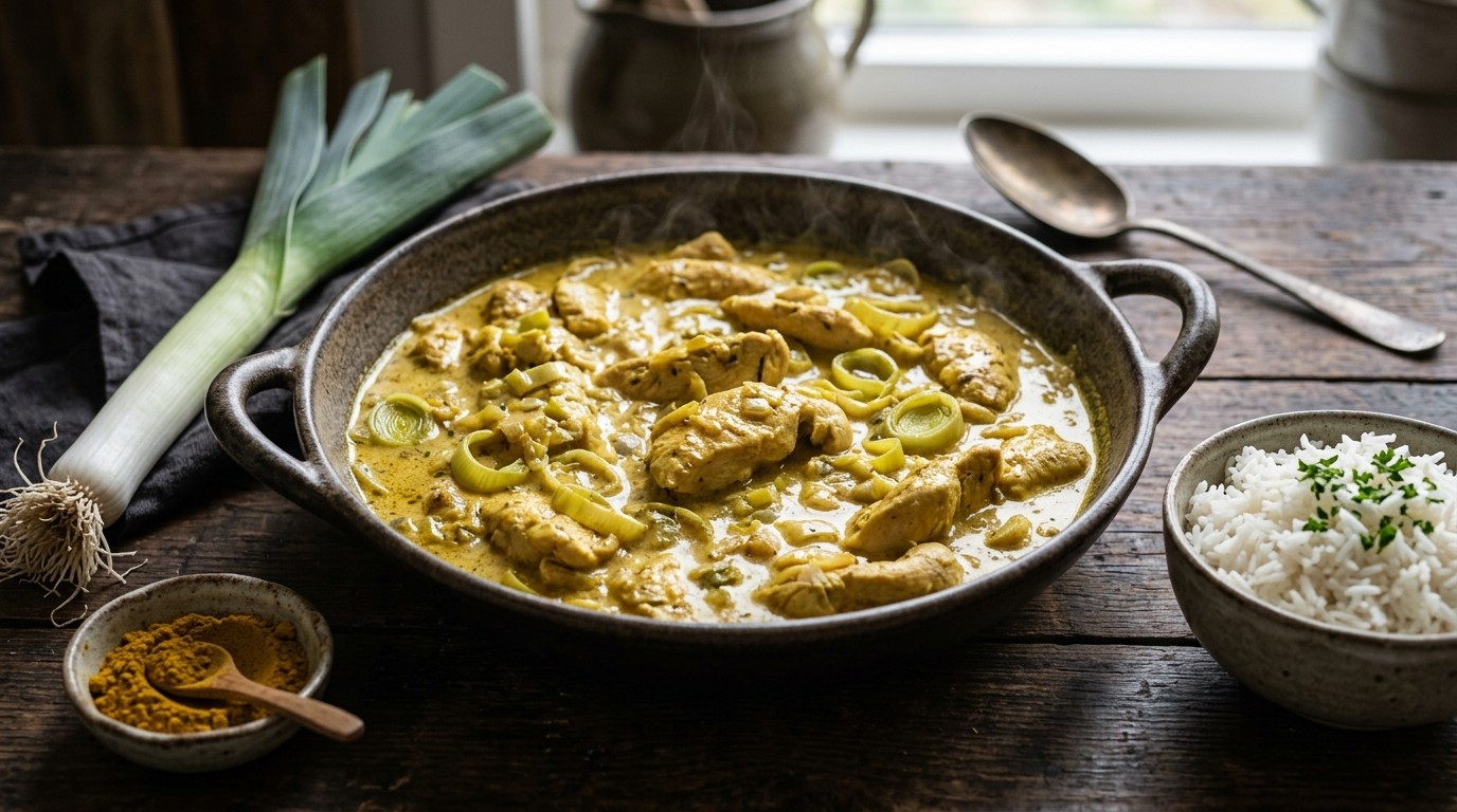 Kipfilet met prei in romige currysaus