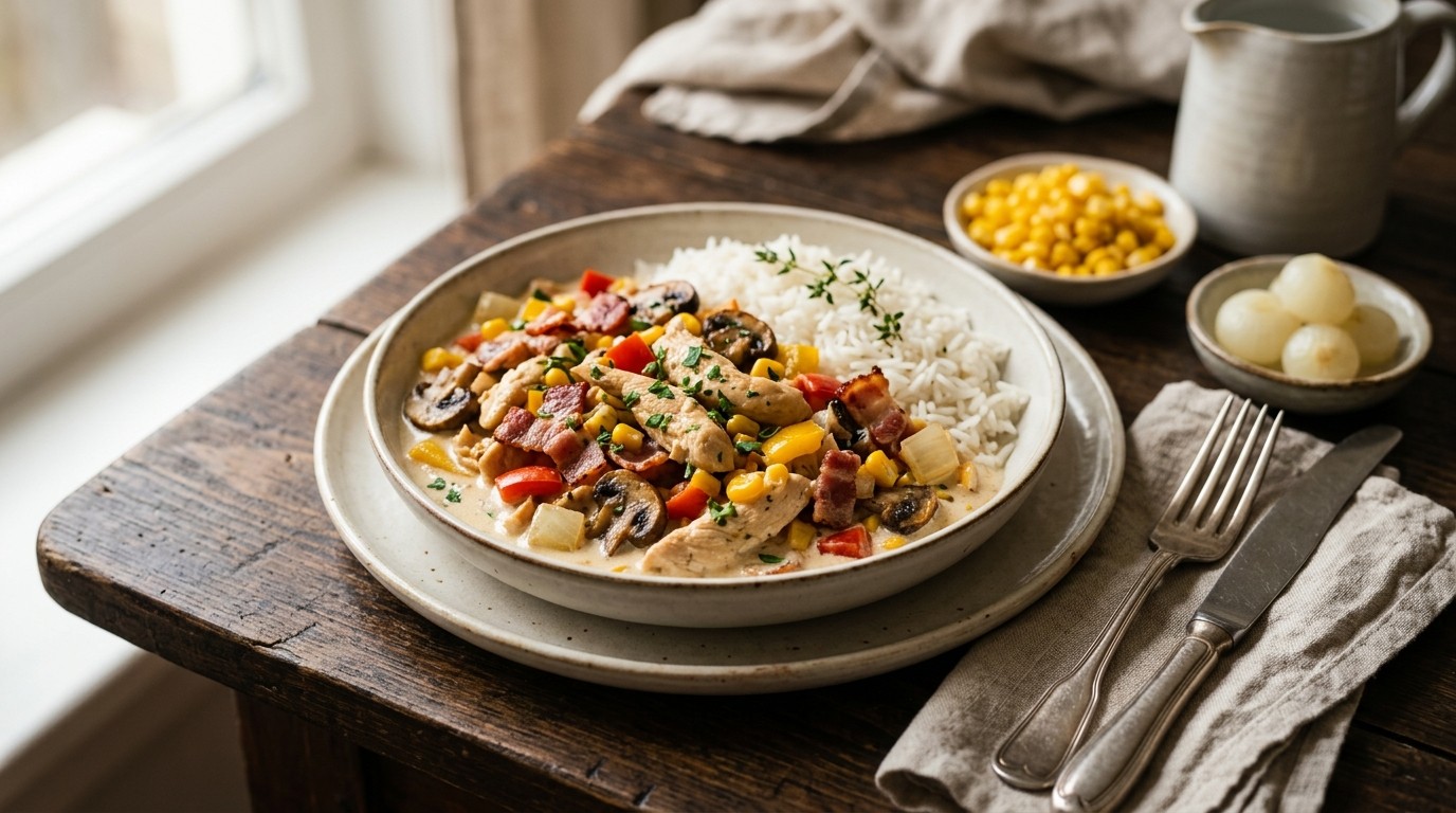 Kipfilet met spek, champignons, paprika en creme fraiche