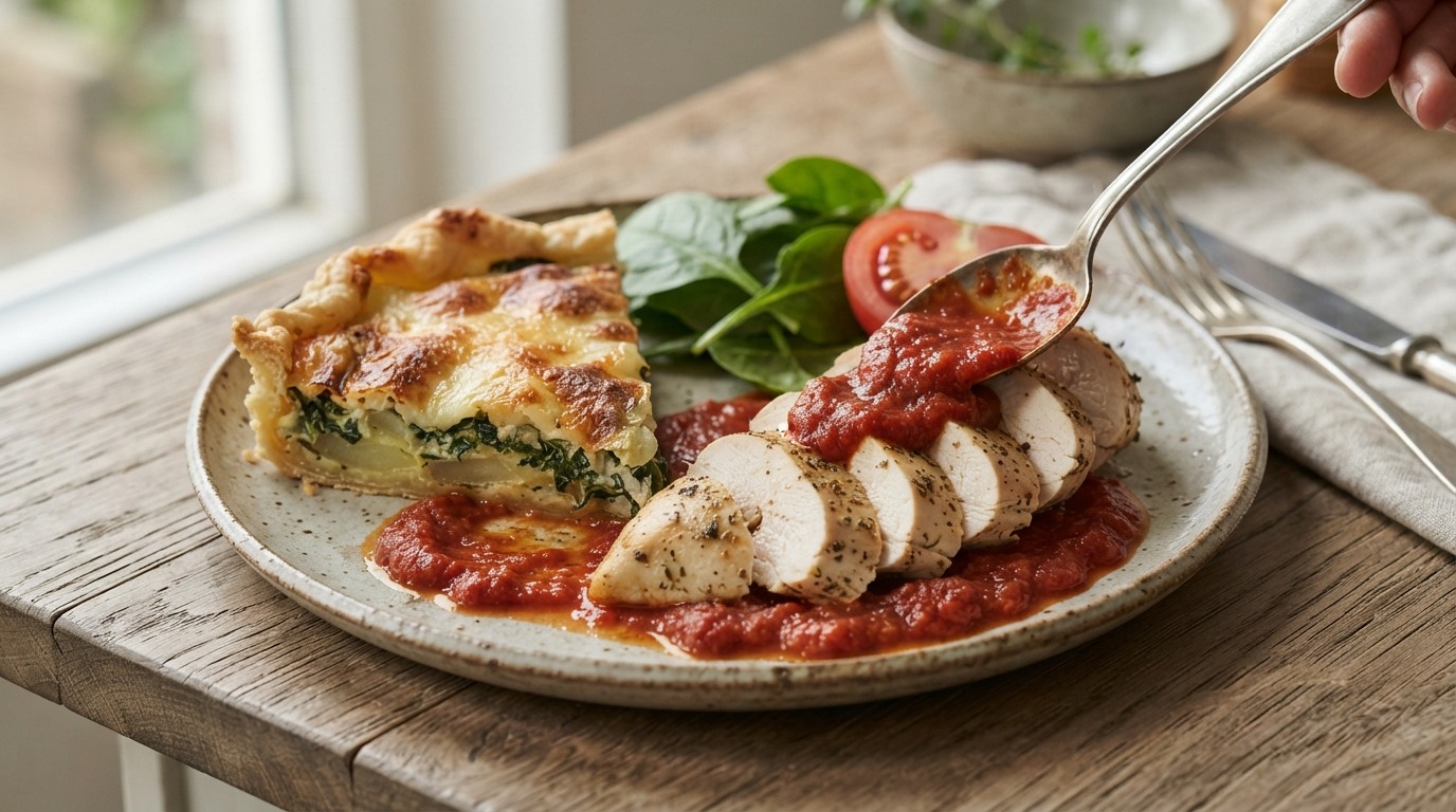 Kipfilet met spinazietaart en tomatensaus