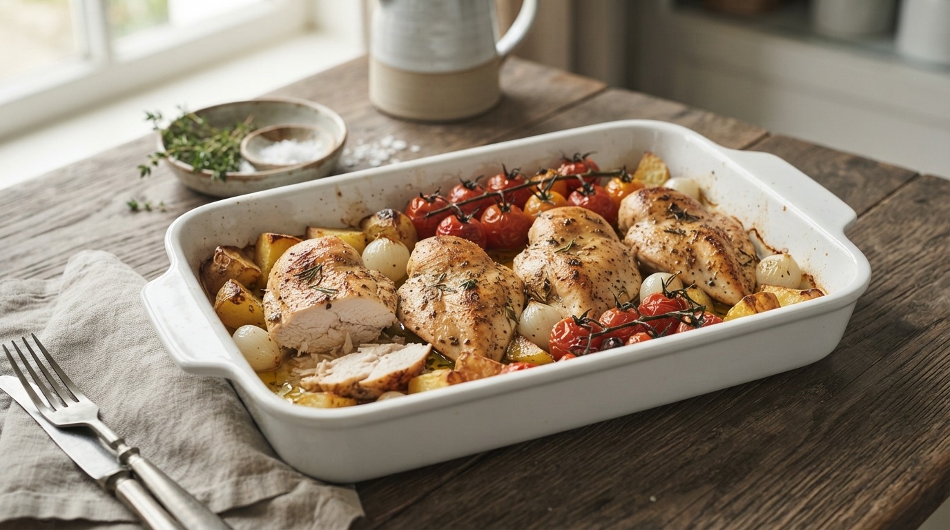 Kipfilet uit de oven met cherrytomaat en zilveruitjes