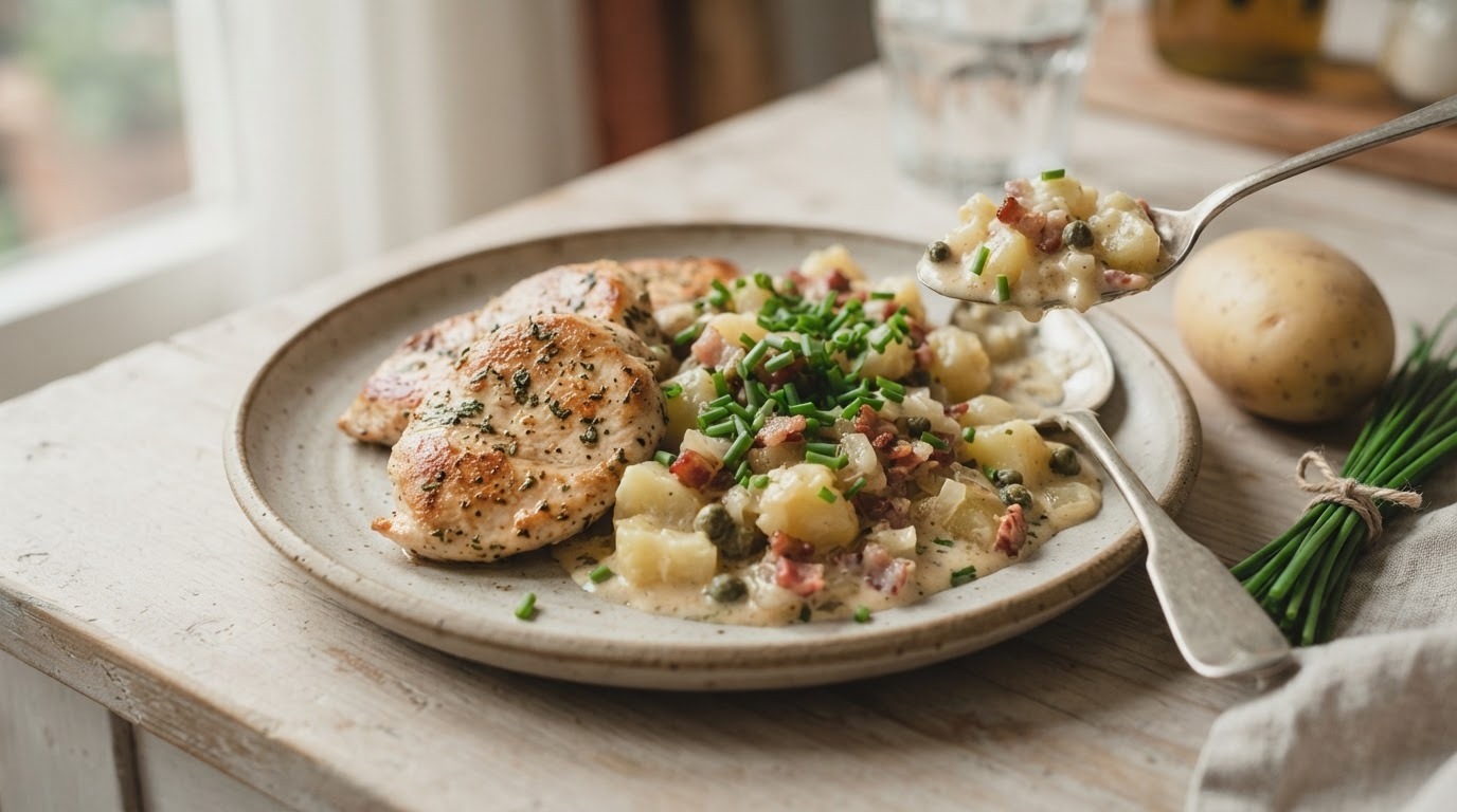 Kipmedaillons met groentebouillonblokje aardappelragout