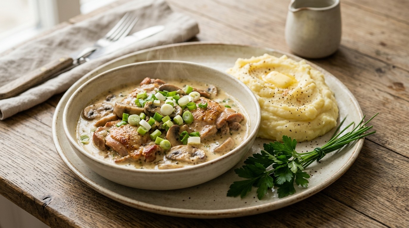 Kippannetje met Champignons en Puree
