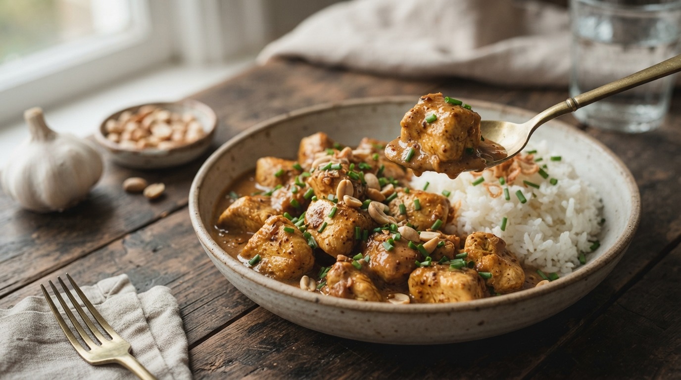 kippenblokjes met knoflook en pindasaus