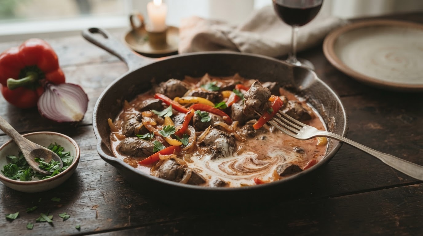 Kippenlevertjes met creme fraiche en tomatenpuree