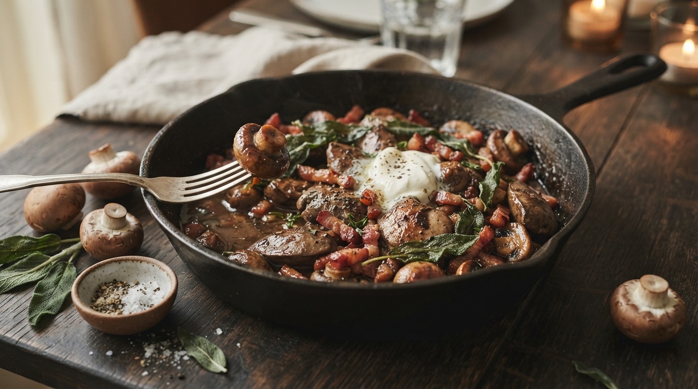 Kippenlevertjes met spekjes en champignons