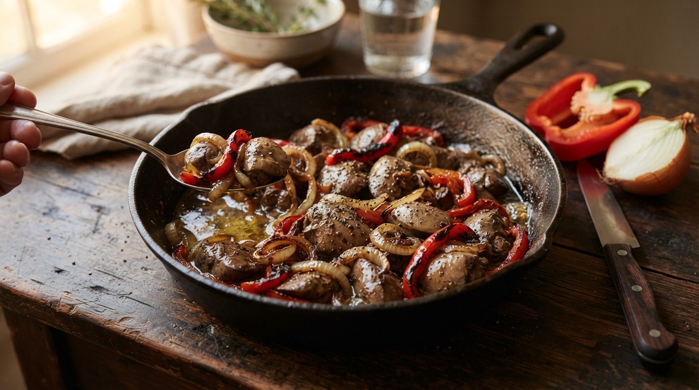 kippenlevertjes met ui en paprika