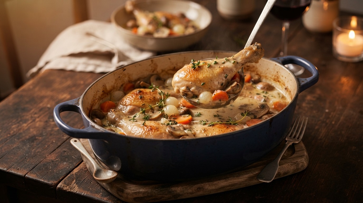 Kippenpoten met champignons en wortel in witte wijn