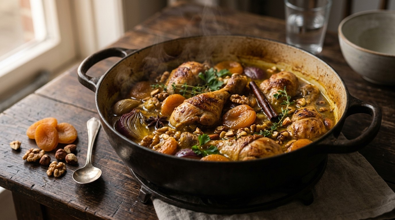 Kippenstoofpotje met Noten en Abrikozen