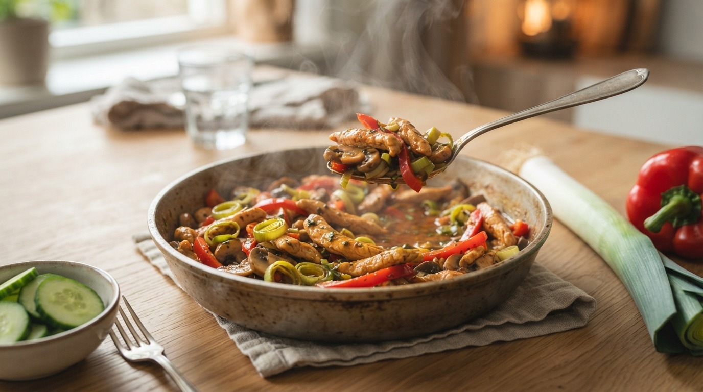 Kipreepjes met prei en paprika