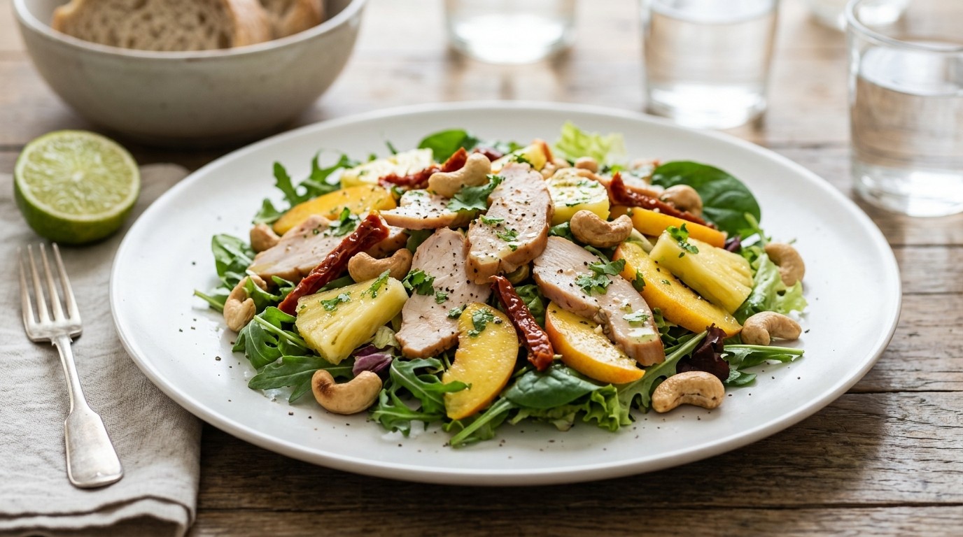 Kipsalade met Ananas, Perzik en Cashewnoten