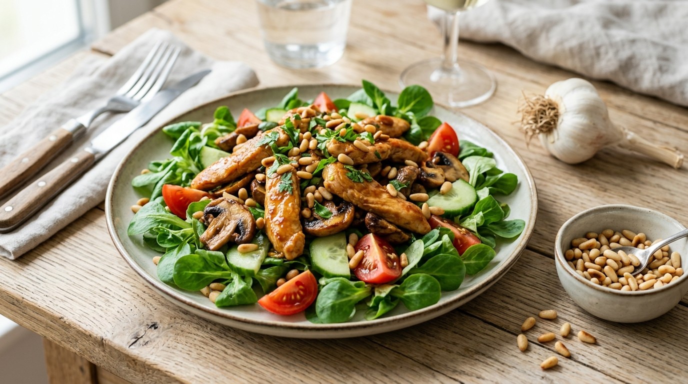 Kipsalade met champignons, tomaat en komkommer
