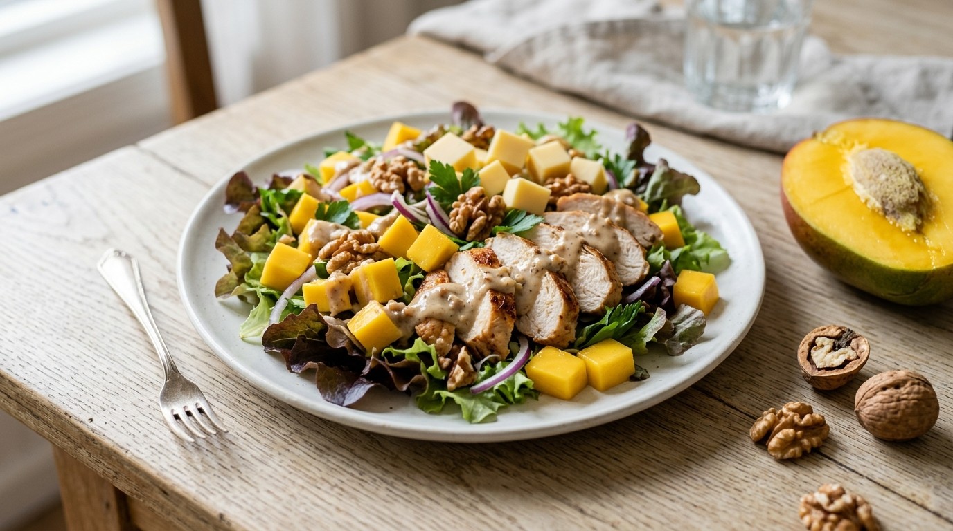 Kipsalade met mango en walnotensaus