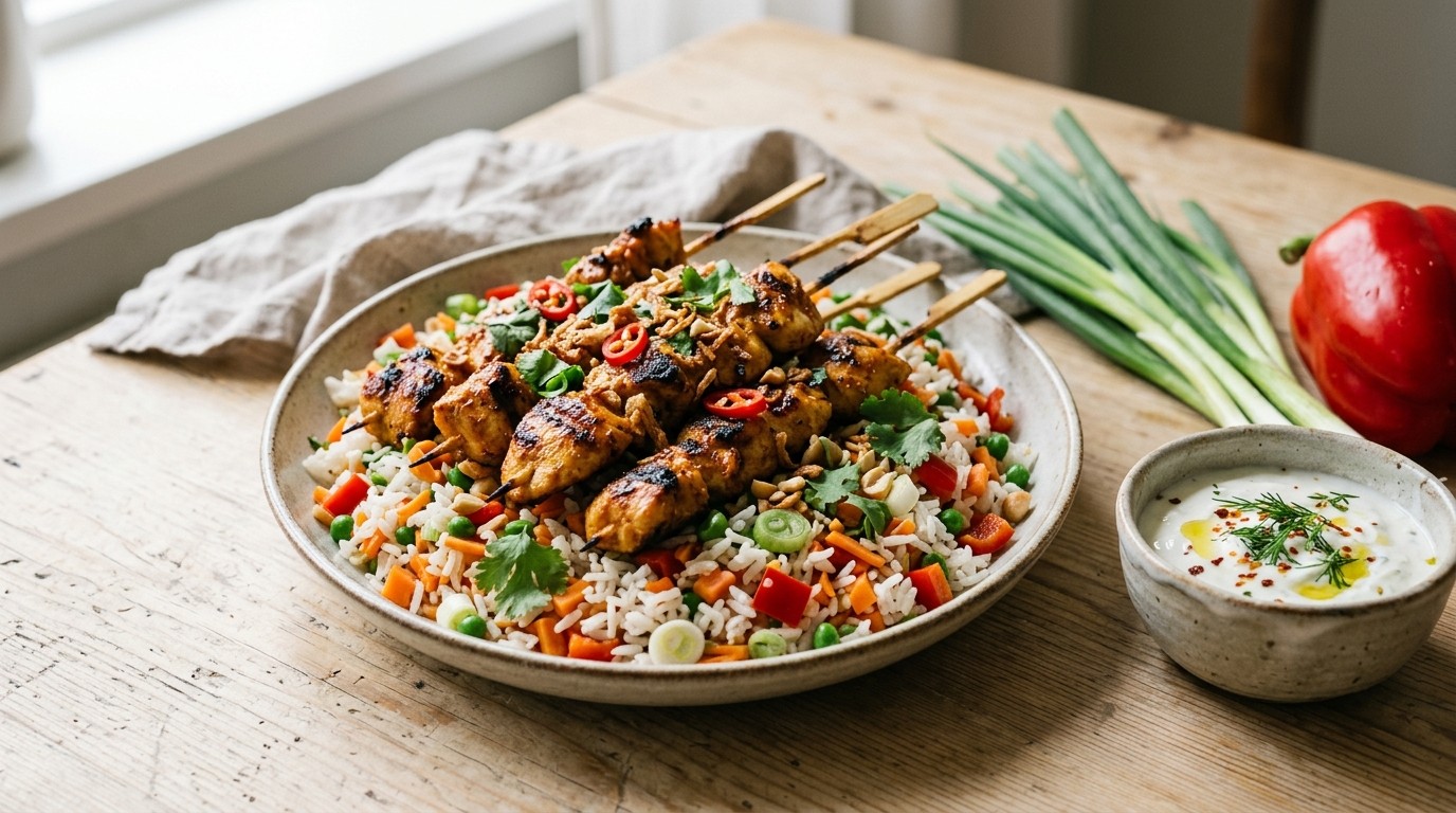 Kipsaté met Rijstsalade