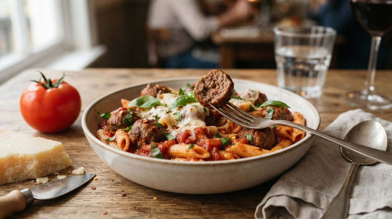 Klassieke penne met gehaktballetjes in tomatensaus