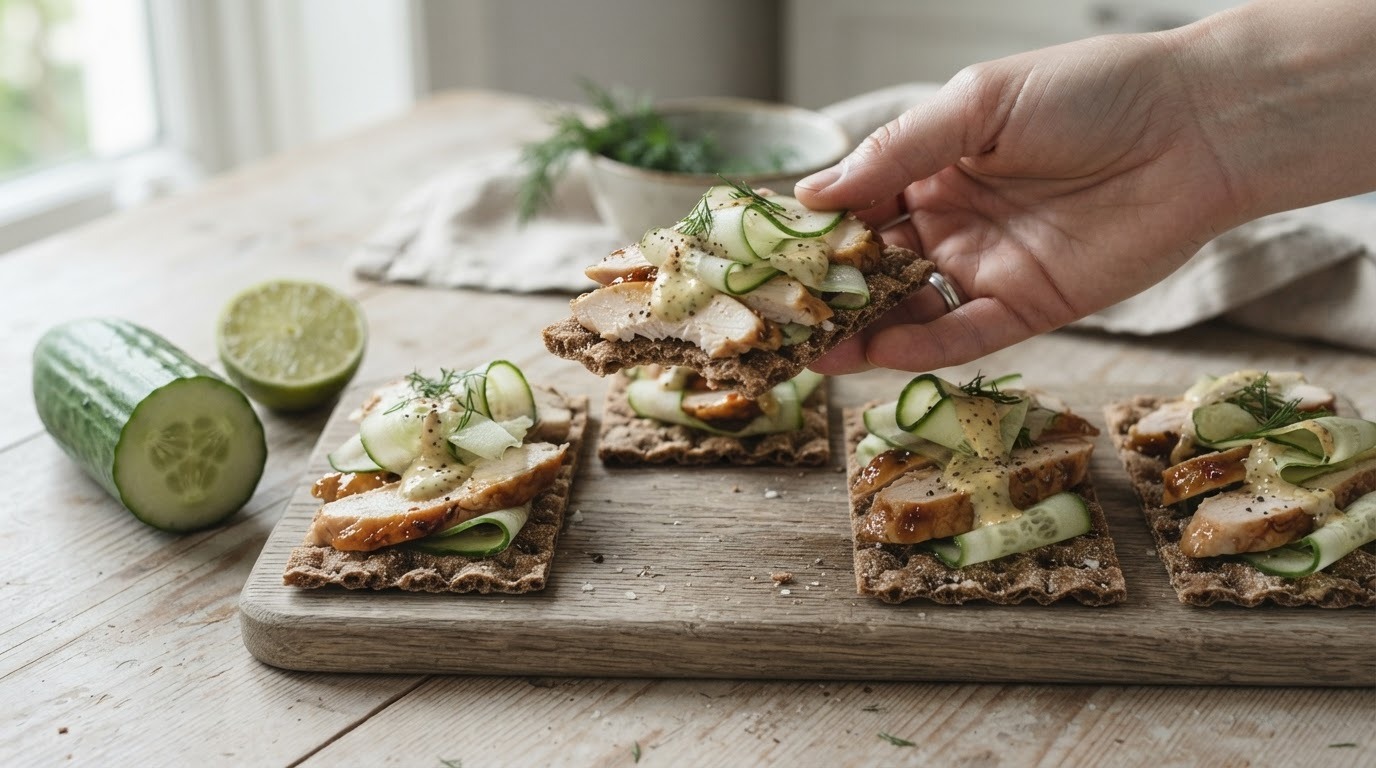 Knäckebröd ket kipfilet en komkommer