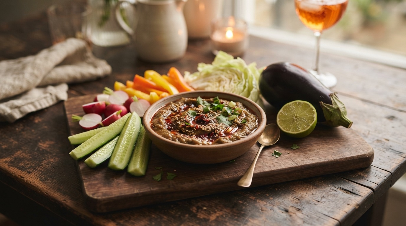 Knapperige groenten met aubergine dip