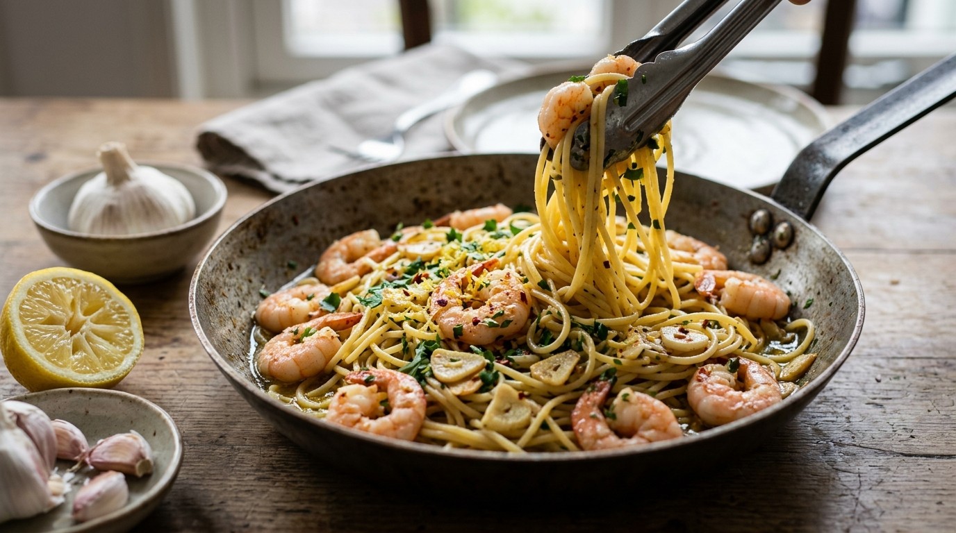Knoflookgarnalen met pasta