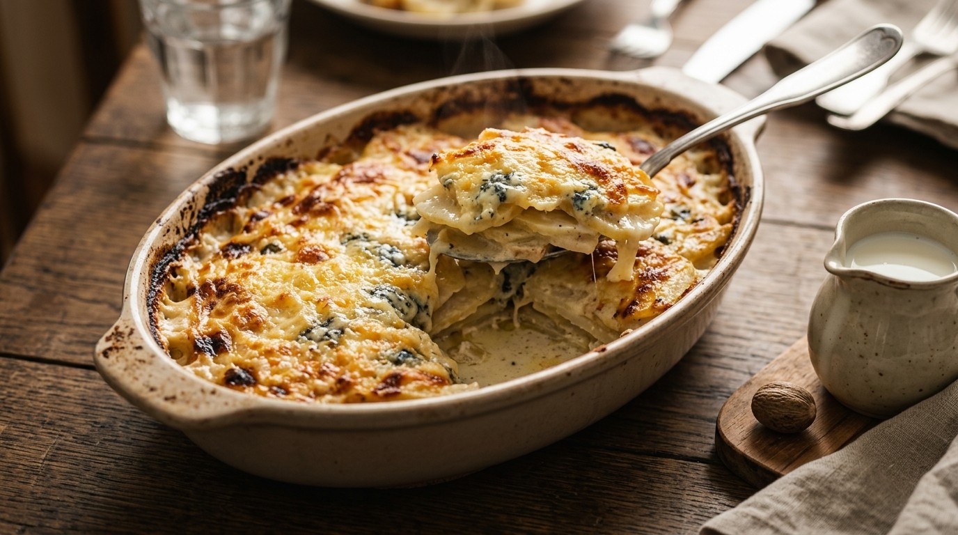 Knolselderij-aardappelschotel met Gorgonzolasaus