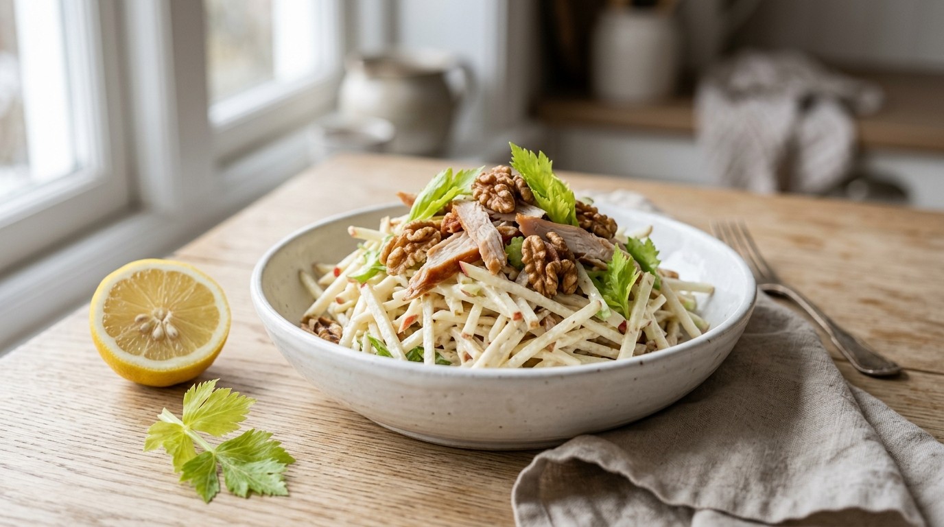 Knolselderijsalade met Appel, Gerookte kip en Walnoten