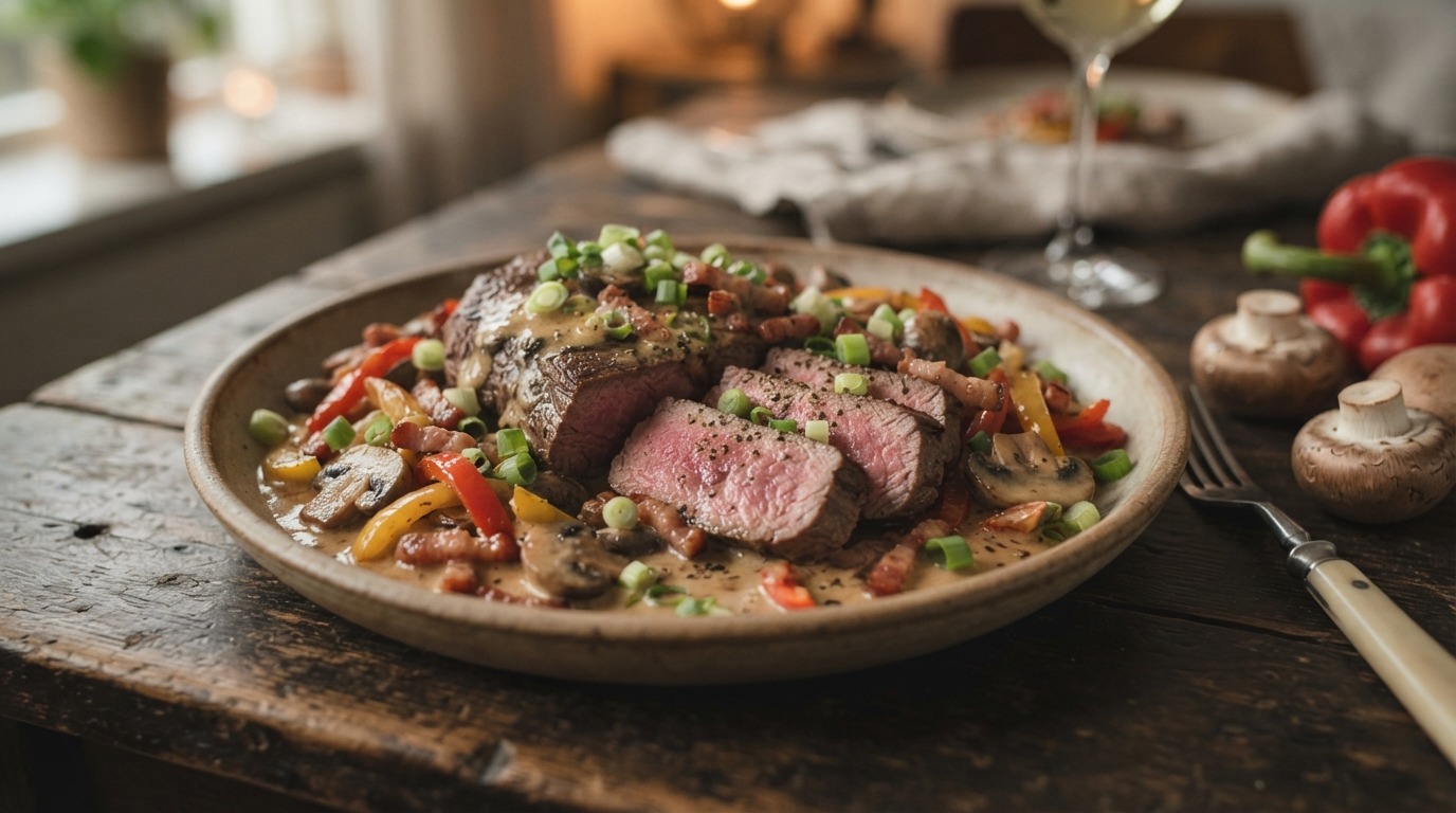 Kogelbiefstuk met champignons, paprika en spekjes