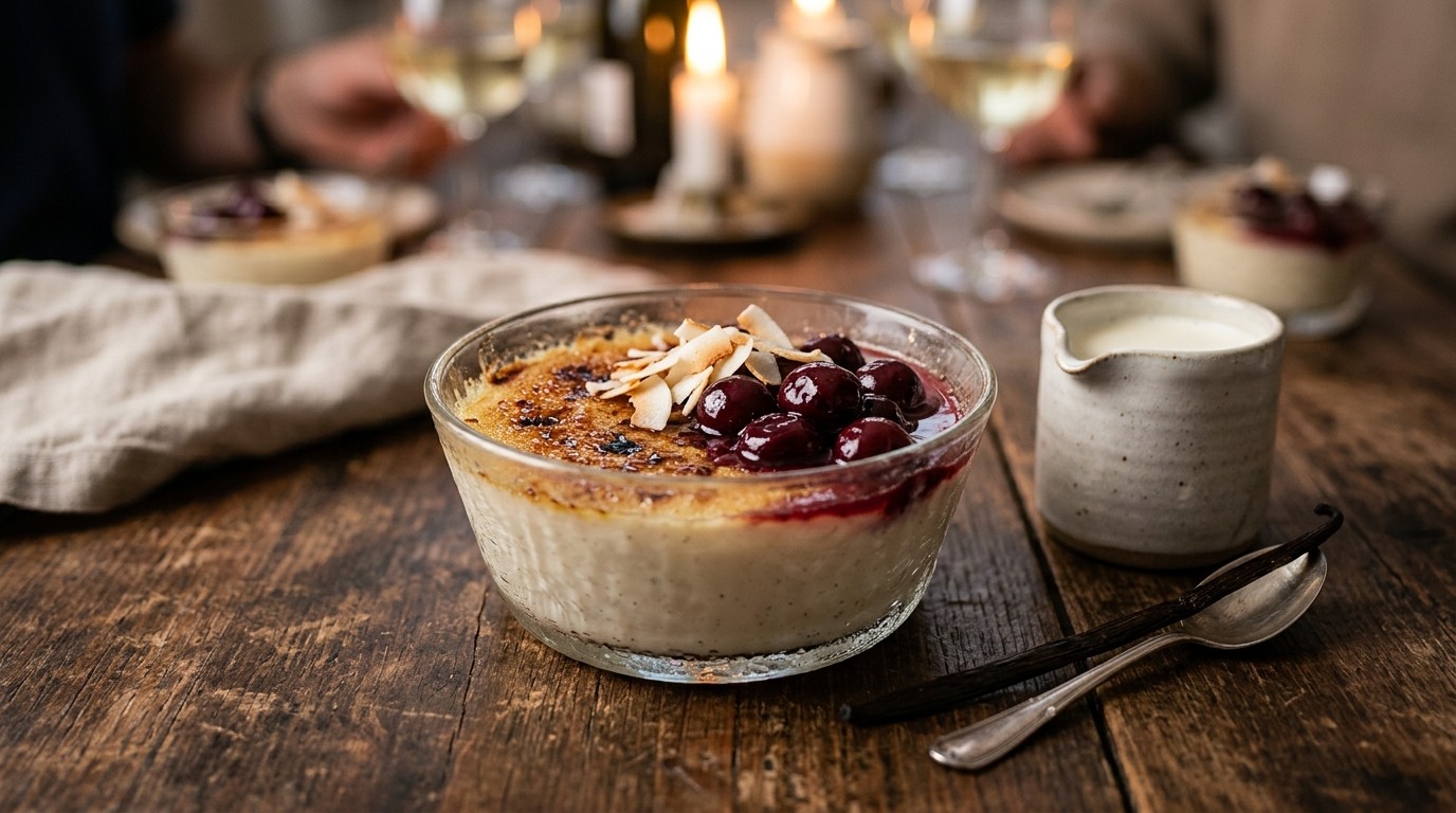 Kokoscrème met Warme Kersen en Verse Eidooiers