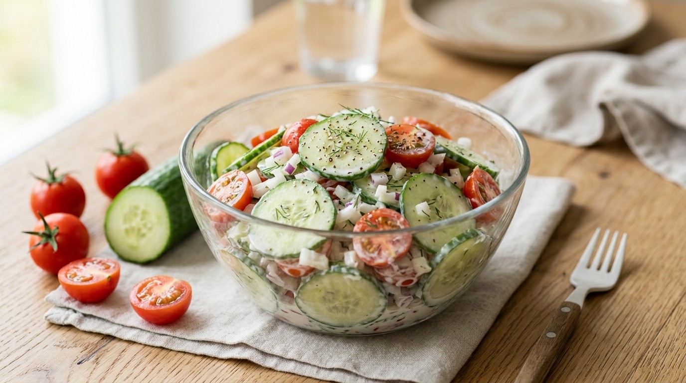 Komkommer-tomaat Salade met ui en Suiker