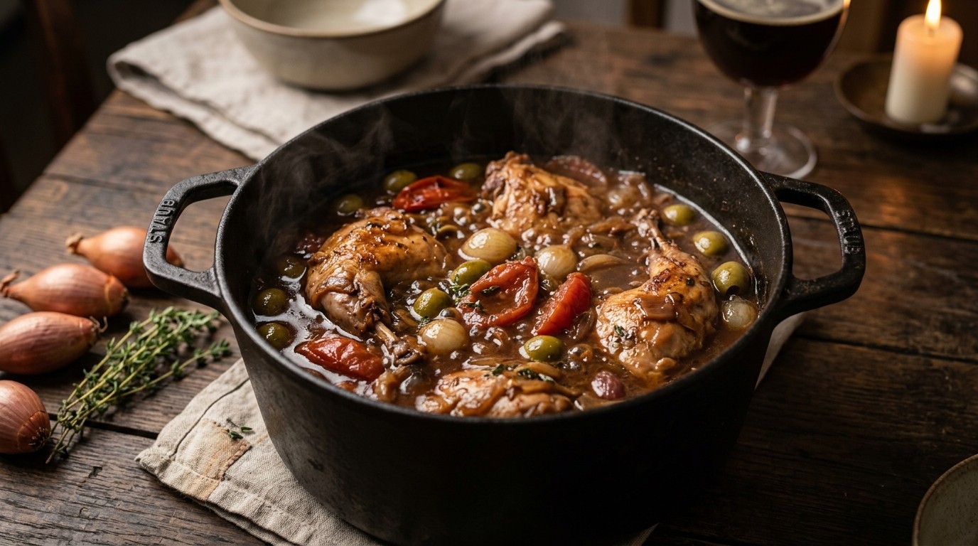 Konijn met abdijbier, olijven en tomaten