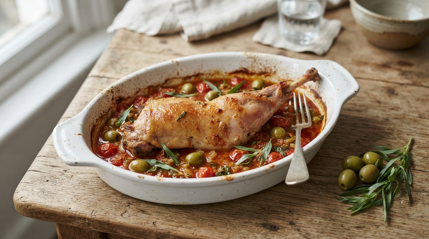 Konijnenbout met tomaten-wijnsaus