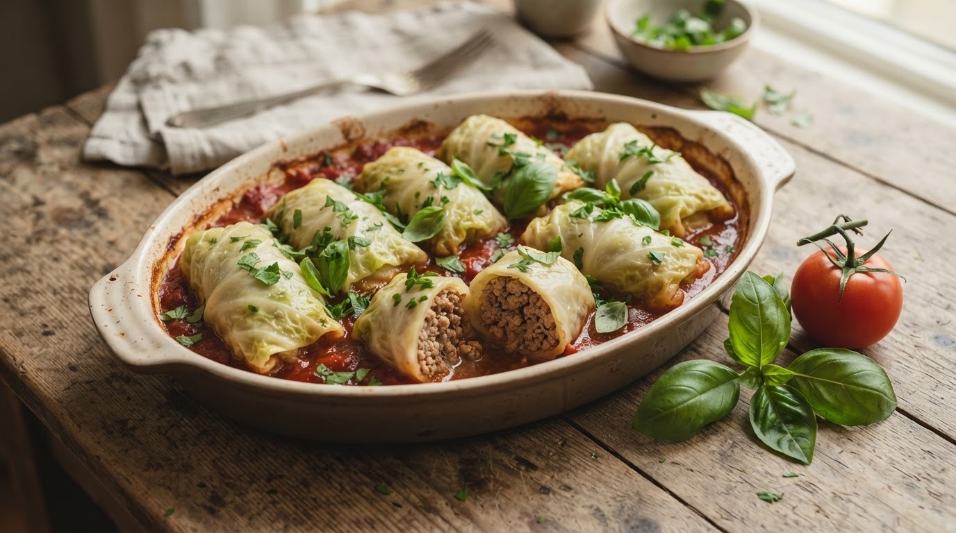 Koolgehaktrolletjes in tomatensaus