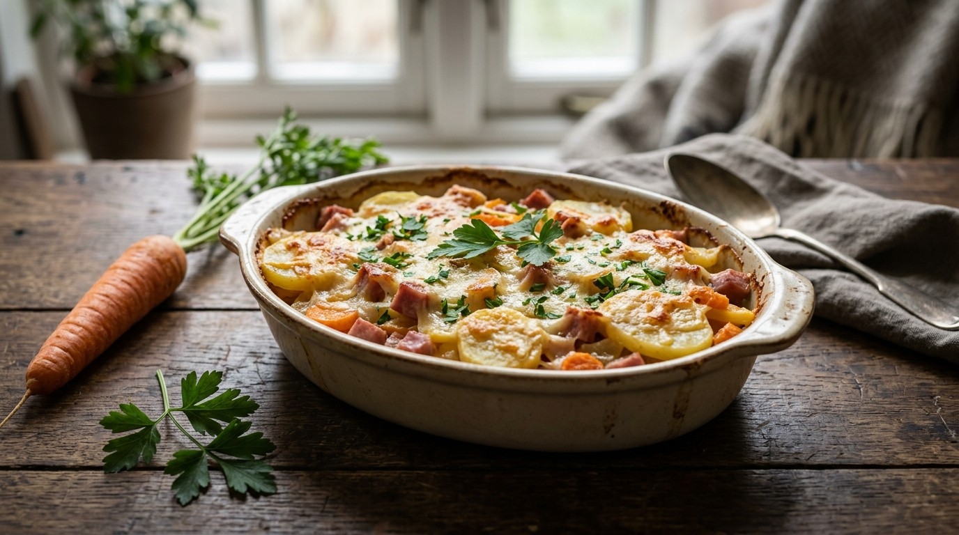 Koolraap-wortelgratin met ham
