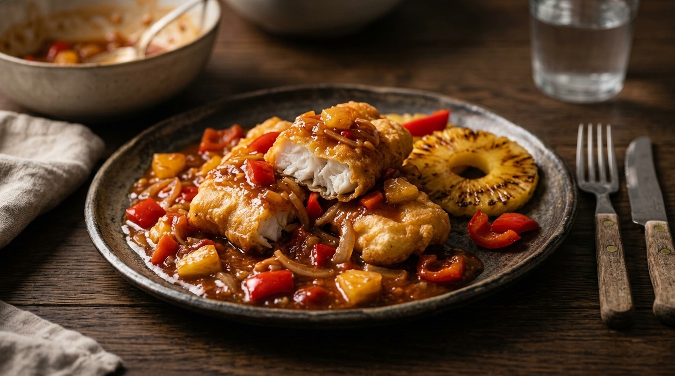 Koolvisfilet met paprika-ananassaus
