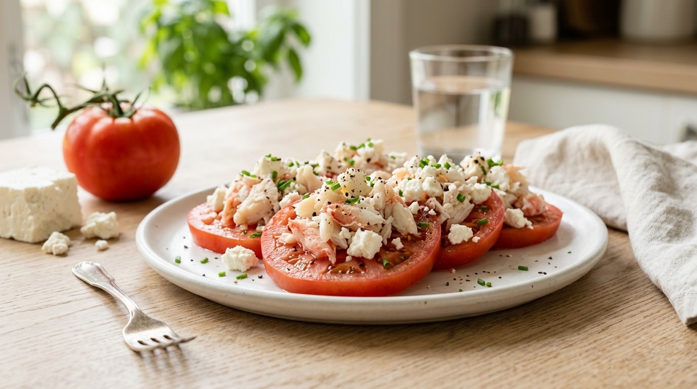 Krab en Feta Over Tomaat