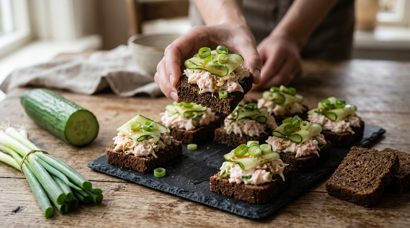 Krab met komkommer op roggebrood