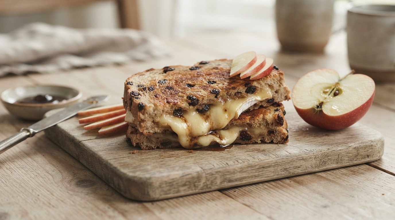 Krentenbroodtosti met brie, appelstroop en appel