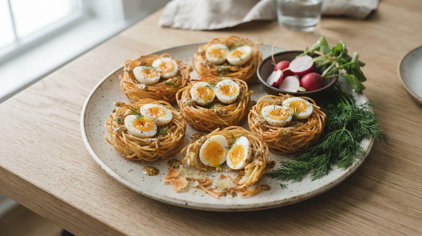 Kwarteleitjes in een nestje van pasta