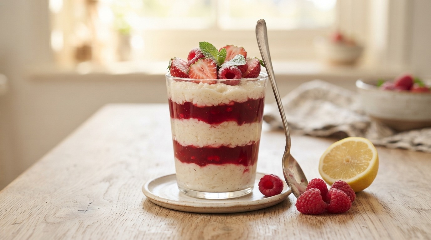 Laagjes dessert van rijstebrij en rood fruit