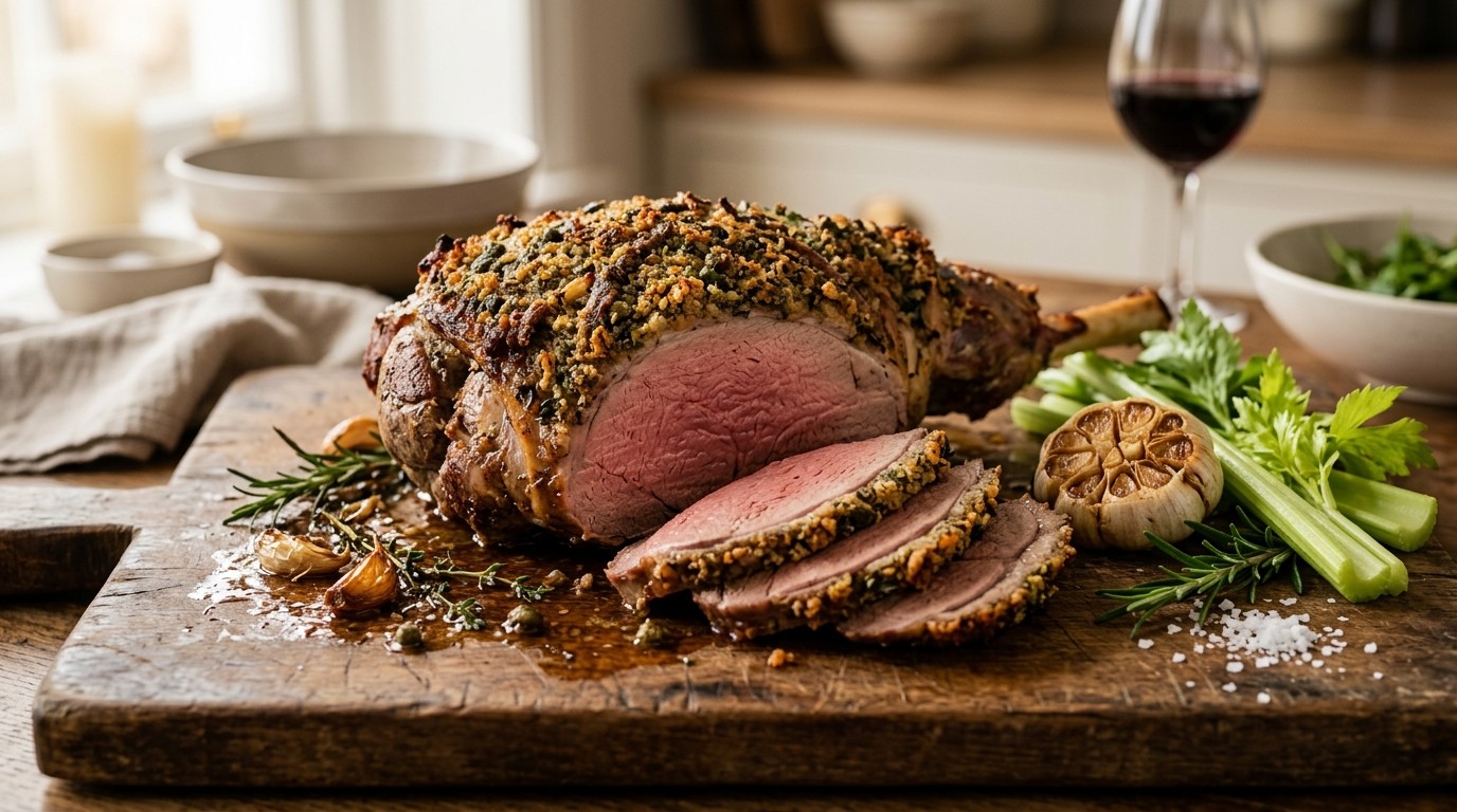 Lamsbout met ansjoviskorst uit de oven