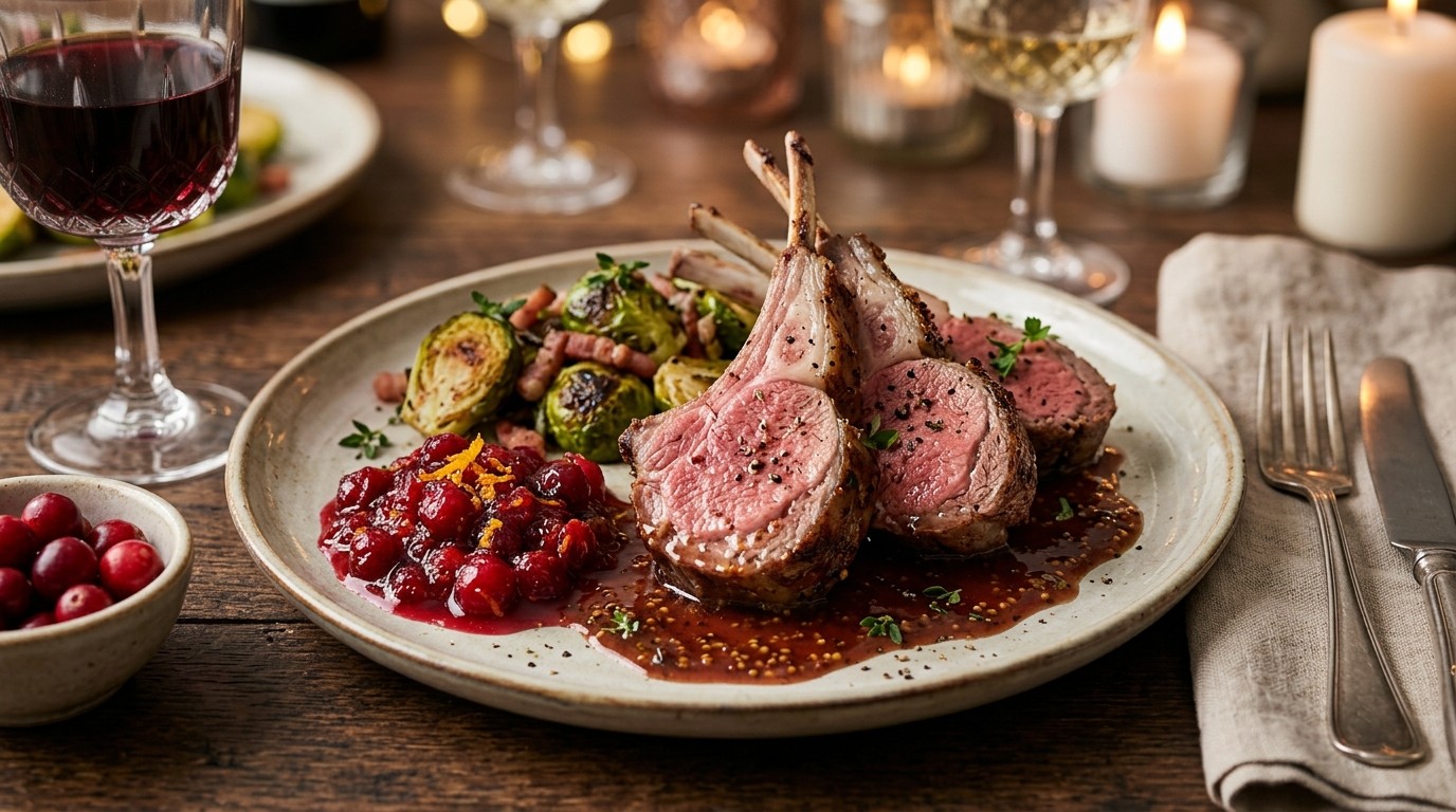Lamskotelette met Mosterdwijnjus en Cranberrycompote