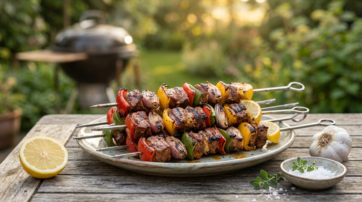 Lamsspiesjes met paprika, sjalotjes, knoflook en citroen