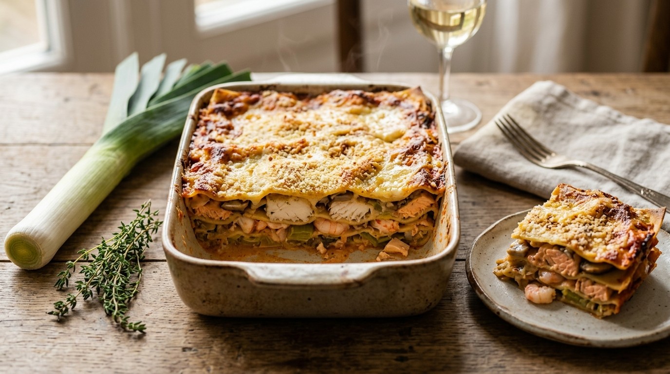 Lasagna met stukken vis