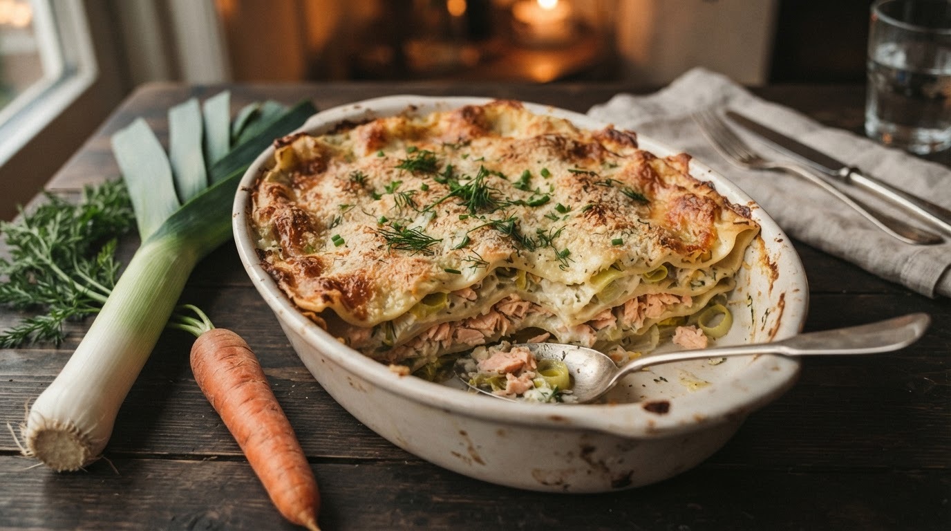 Lasagna met zalm en prei