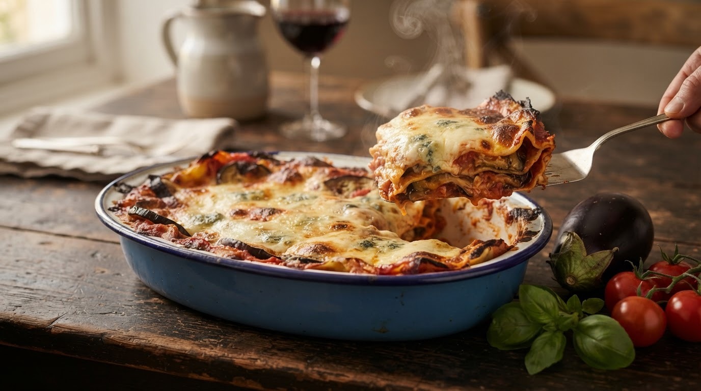 Lasagne gorgonzola aubergine tomaten