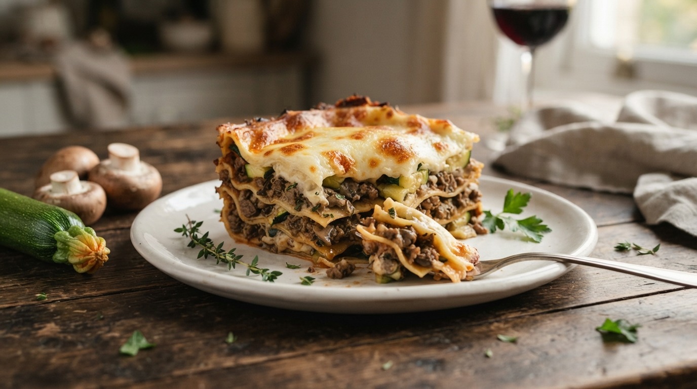 Lasagne met courgette, rundergehakt en champignons