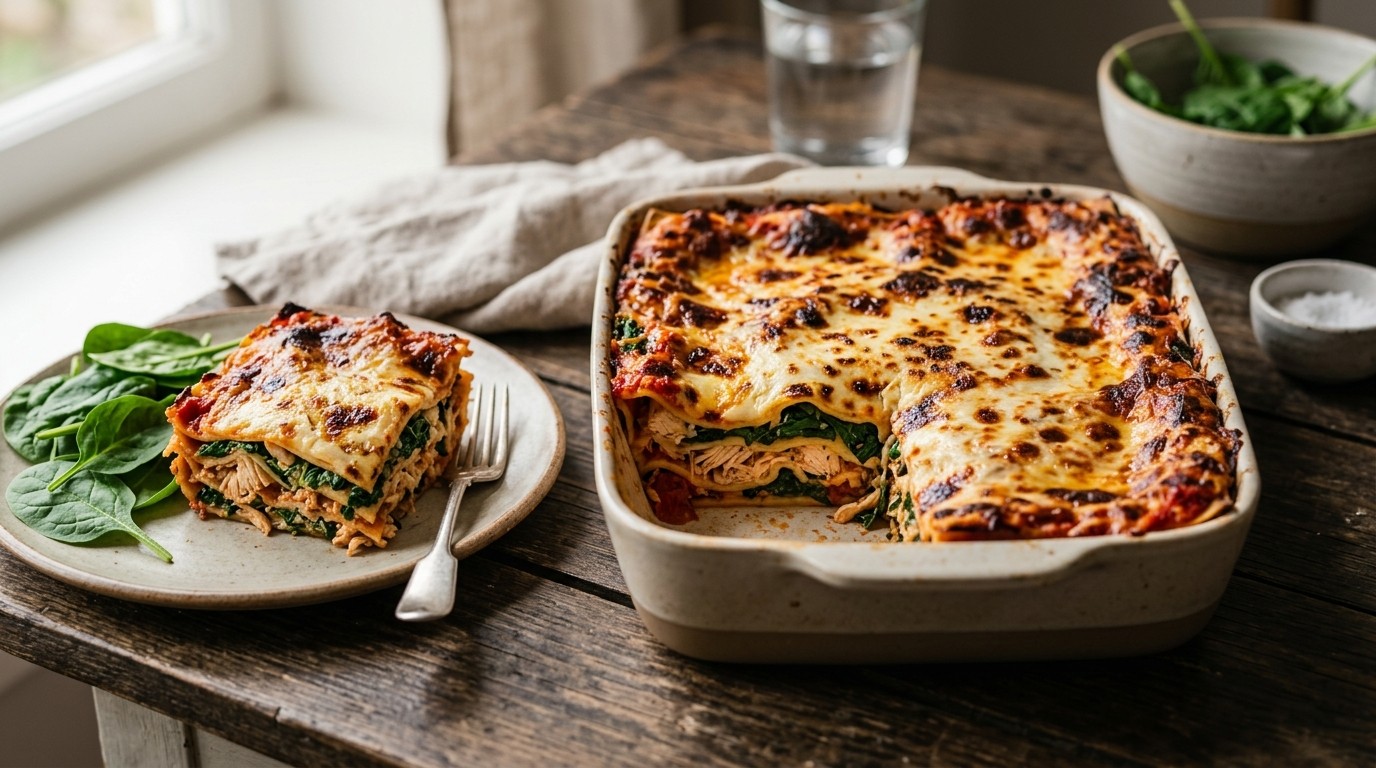 Lasagne met Gerookte Kipfilet, Tomaten en Spinazie