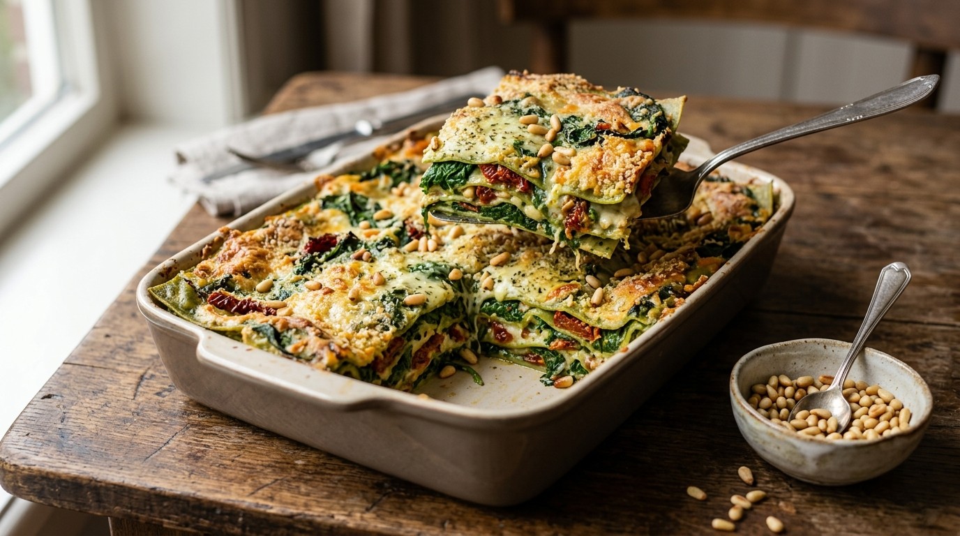 Lasagne met roergebakken spinazie en tomaten